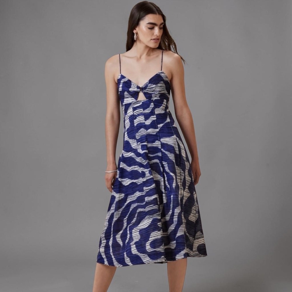 NEW Banana Republic Satin Bandeau‎ Midi Dress Blue White Print Petite XS Resort